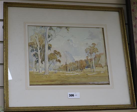 Australian School watercolour, Gum trees, indistinctly signed 27 x 36cm.